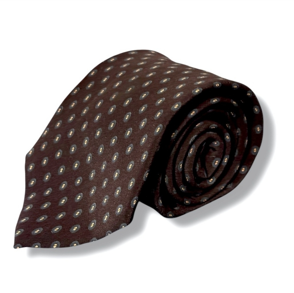 BALLY OF SWITZERLAND Brown Silk Tie Blue & Tan Oval Print